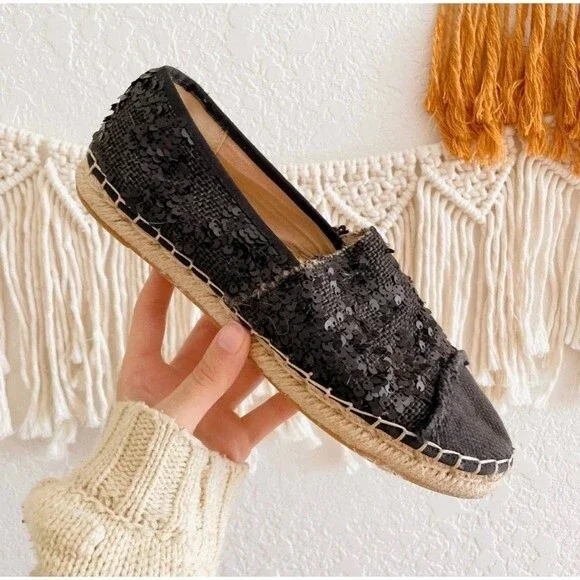 Sam Edelman Espadrille Sequin Detail Black Slip On Flats 8 - Picture 2 of 10
